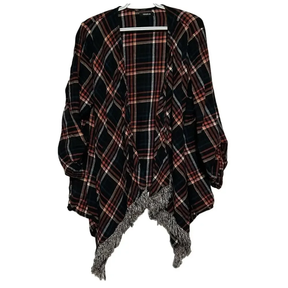 Torrid Women's‎ Flannel Black Rust Plaid Fall Fringe 3/4 Sleeve Wrap Size 2 Med